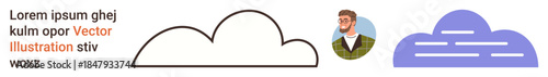 Weather symbols, cloud computing, digital graphics, identity, design layouts, placeholders. Two cloud icons, a male profile and sample text. Weather symbols and cloud computing context