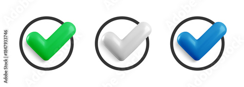 Vector realistic 3d Check mark in flat circle icon set. Trendy plastic green, blue and white checkmark with select circle icon. Round yes button collection. 3d render tick sign for web, app, game, adv