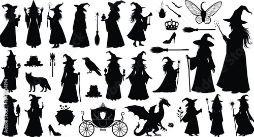 Witch and Wizard Magic Black Silhouettes Set Including Sorceress Figures, Cauldron, Dragon, Fox, Frog, Crown, and Broomstick for Fantasy Design.