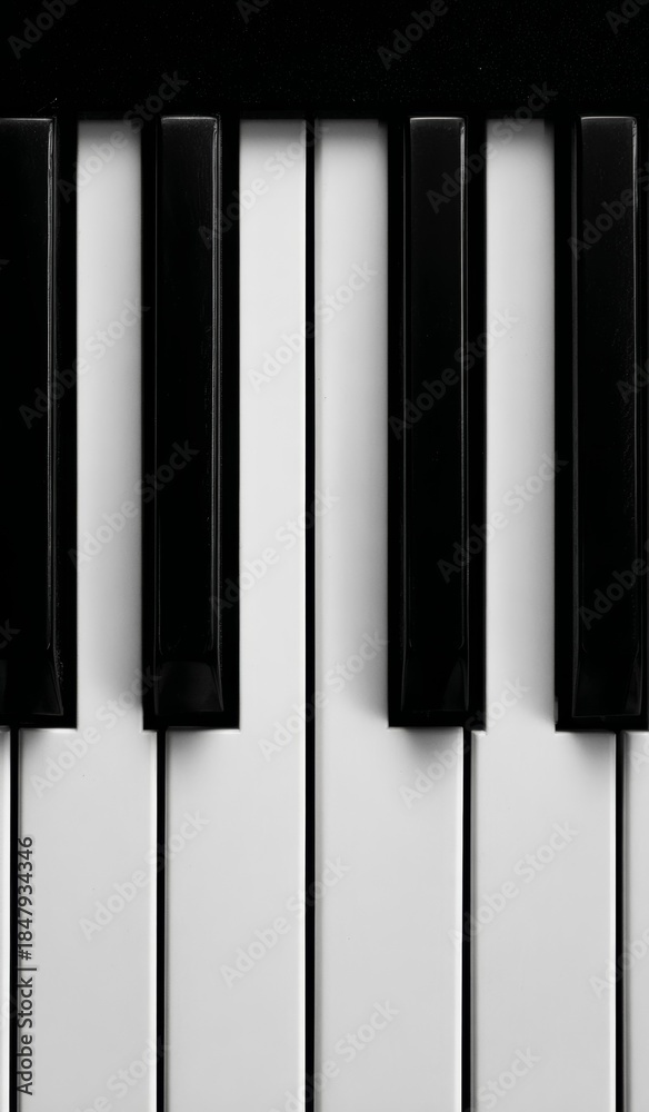 Naklejka premium Close-up of piano keys in classic black and white, elegant musical instrument detail with clean contrast for music education and creative design use 