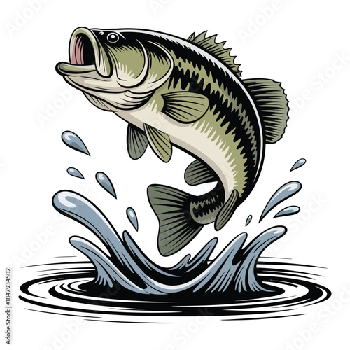 A hand-drawn illustration of a largemouth bass seemingly leaping out of the water, its mouth closed and lips raised as if kissing, a white background.