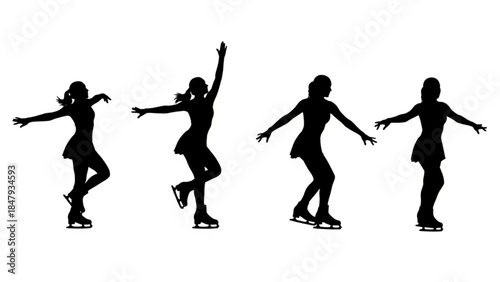 Black Silhouette Ice Skater Vector Spinning, Jumping, and Posing on Ice