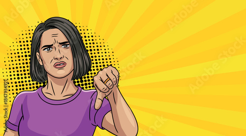 Woman showing thumbs down and pop art style background. Vector illustration.