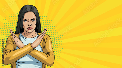 Woman showing stop sign with crossed arms against pop art style background.