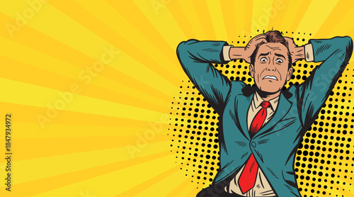 A businessman in despair a pop art style background. Vector illustration.