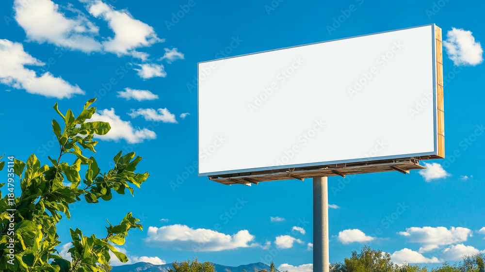 Fototapeta premium Blank outdoor billboard against blue sky and leafy tree, empty advertising space ready for custom message and bright daytime backdrop