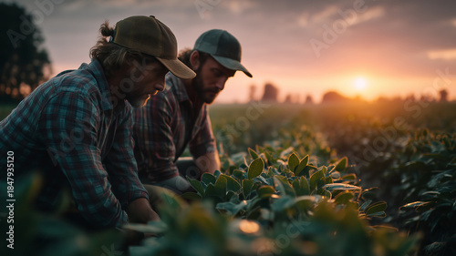 Farmers nurture soy crop at sunset in a vibrant green field