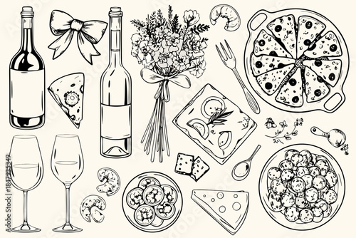 A delightful sketch of wine pastries pizza and various food items