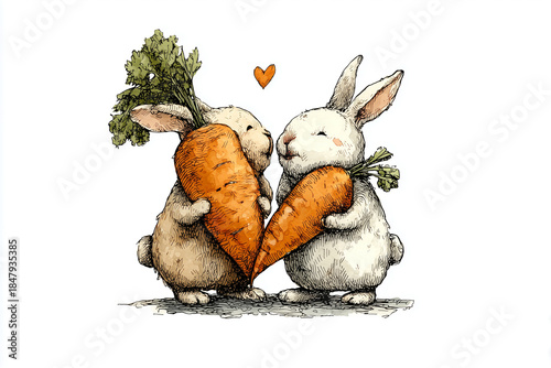 Cute bunny couple sharing a heartwarming moment with giant carrots