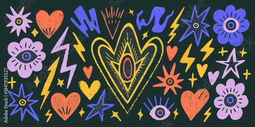 Colorful illustration featuring hearts flowers stars and lightning bolts on dark background