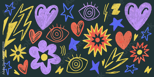 Colorful chalk drawing of hearts stars flowers and eyes on a dark background