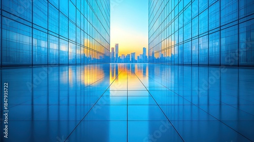Modern architecture view with city silhouette at sunset
