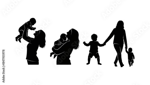 Black Silhouette Parent Vector Playing and Hugging Baby