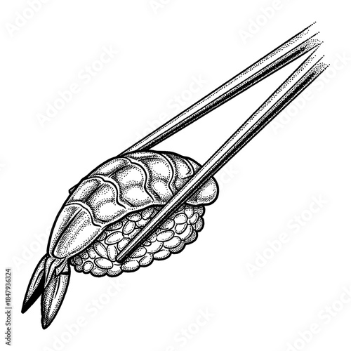 chopsticks holding a shrimp sushi roll, nigiri illustration in retro halftone style