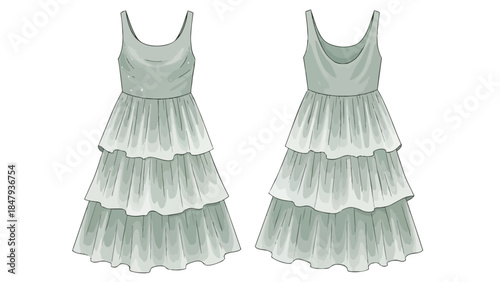 Elegant Tiered Ruffle Dress Design Illustration Showing Front and Back Views