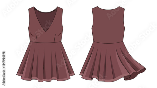 Fashionable v-neck sleeveless flared dress design, front and back view illustration