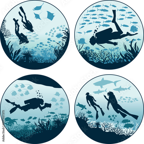 Scuba divers with fishes and marine plants vector silhouette underwater landscape collection for labels stickers shirt wallpaper