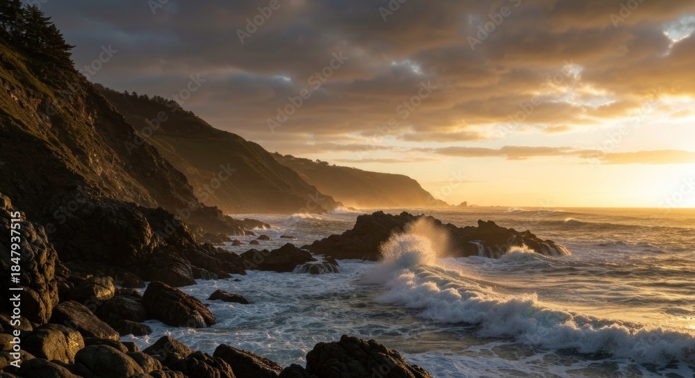 Obraz premium Dramatic coastal sunset, rugged cliffs meet the crashing waves. Golden light bathes the horizon