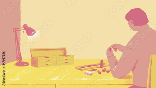 Person meticulously aligning objects for perfect order and control