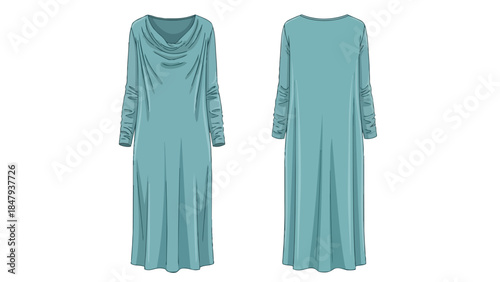Elegant Teal Maxi Dress Front and Back View Fashion Illustration Digital Art Design Showcase