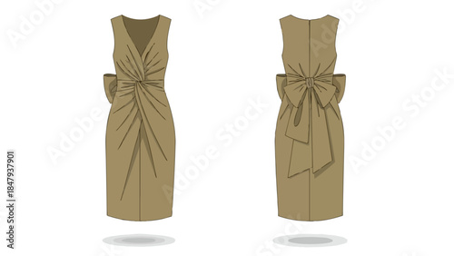 Elegant taupe dress featuring a unique draped bodice and a striking oversized bow at the back, perfect for formal occasions and celebrations
