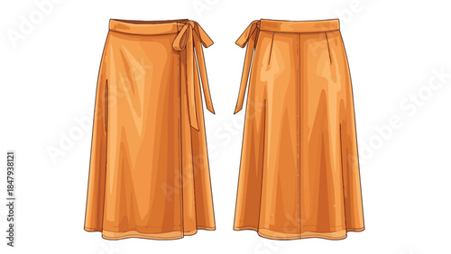 Stylish Orange Wrap Skirt Front and Back View Fashion Illustration Isolated on White Background