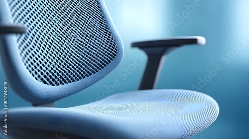 Detailed perspective of a contemporary office chair s textured blue mesh seat and backrest emphasizing its ergonomic form and clean lines against a soothing