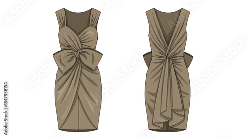 Elegant taupe sheath dress with prominent bow detailing and draped fabric from front and back views