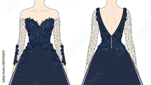 Exquisite navy blue evening gown illustration featuring delicate floral appliqué and shimmering embellishments on sheer sleeves