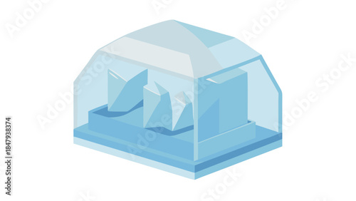 Modern glass display case with abstract art