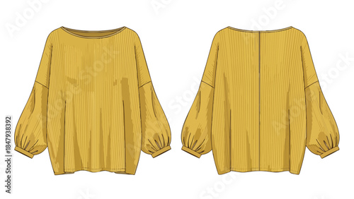 Fashion illustration of a mustard yellow garment with voluminous balloon sleeves and vertical pleating, front and back views presented