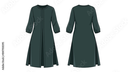 Elegant Modest Floor Length Dress With Three Quarter Sleeves Displayed Front And Back Isolated On White