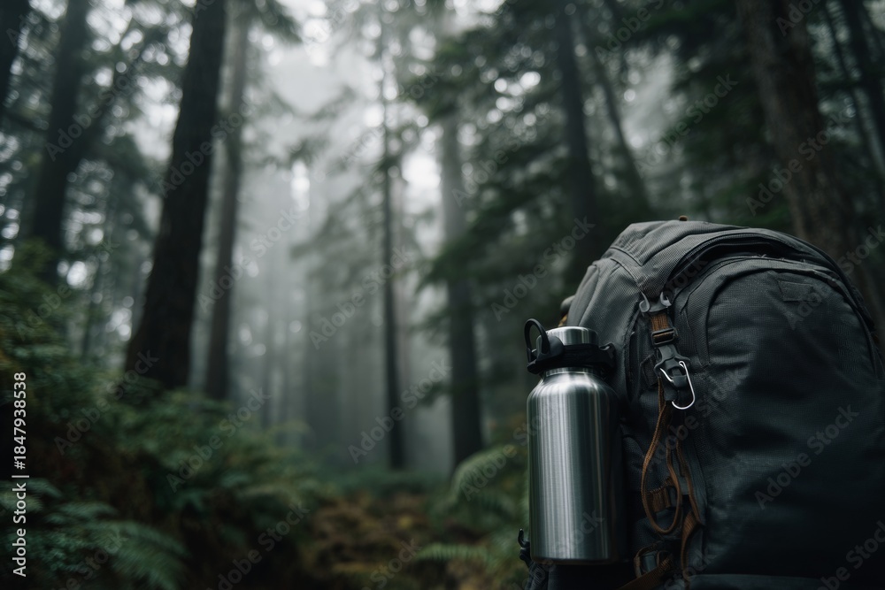 Fototapeta premium Reusable water bottle and backpack in forest
