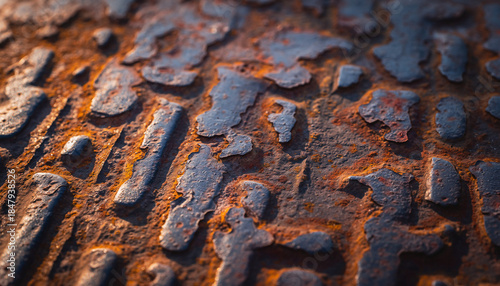 Close-up of heavily rusted and textured metal surface with abstract patterns and earthy tones.