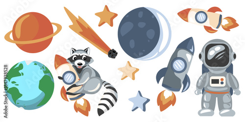 Cute raccoon astronaut flying in space with Earth, rockets and planets. Adorable cartoon illustration for kids designs, storybooks and space themed decorations.