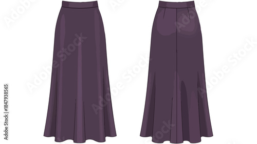 Elegant long purple skirt presented from front and back view detailed fashion illustration isolated on white background with clean lines