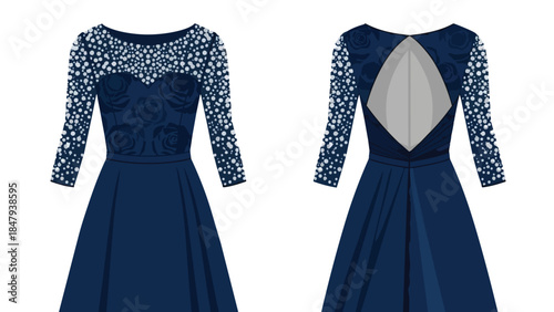 Elegant navy blue evening gown with intricate pearl embellishments and a striking open back design, perfect for formal occasions