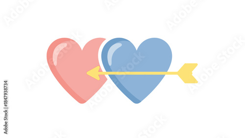 romantic love symbolism with two colorful hearts pierced by an arrow representing affection