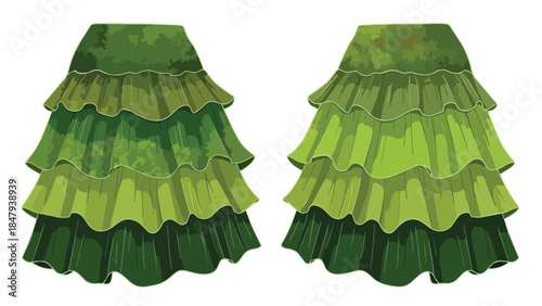 A pair of vibrant green tiered ruffled skirts resembling lush foliage and abstract forest elements