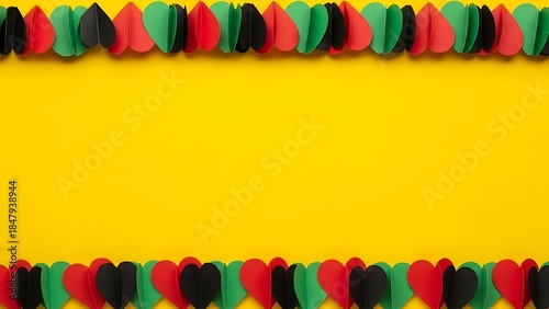 Festive Kwanzaa Decoration of Paper Hearts in Red Black and Green on a Vibrant Yellow Background Creating a Cheerful and Celebratory Mood