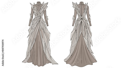 Elegant abstract couture gown design with dramatic angular details and flowing skirt for fashion illustration