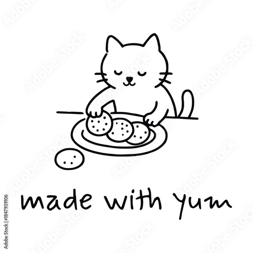 Cat reaching for cookie—gentle joy in a cozy moment of homemade delight, doodle vector illustration