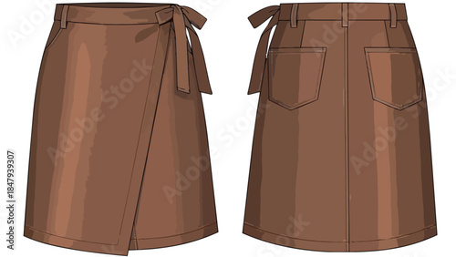 Stylized illustration of a brown wrap skirt shown from front and back views with belted detail and pocket features