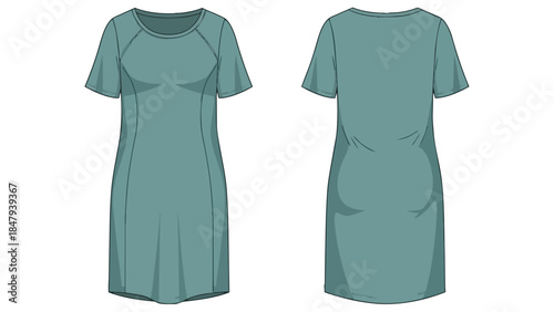 Contemporary Teal Shift Dress Design with Raglan Sleeves Showcase Front and Back Views