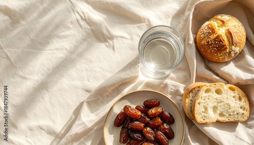 Simple iftar meal with dates, bread, and water on soft fabric background. Symbol of Ramadan fasting, Islamic tradition, humility, and mindful eating with warm natural light.