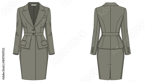 Elegant professional womenswear business suit fashion illustration front and back views classic tailored design for corporate attire