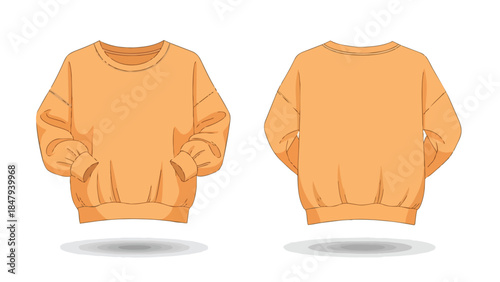Front and back view illustration of a trendy orange crewneck sweatshirt with casual dropped shoulders and ribbed cuffs and hem perfect for everyday