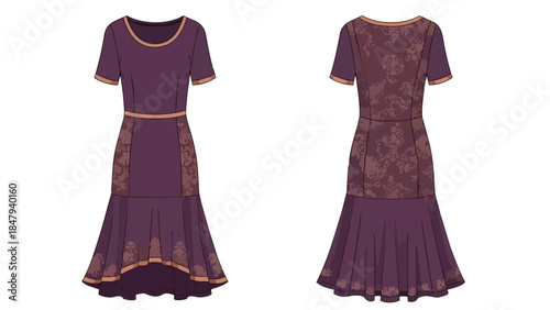 Elegant purple dress design with floral lace and tiered ruffled hem
