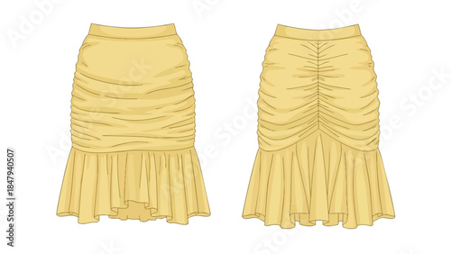 Fashionable Yellow Ruched Midi Skirt Design Illustration Front and Back View