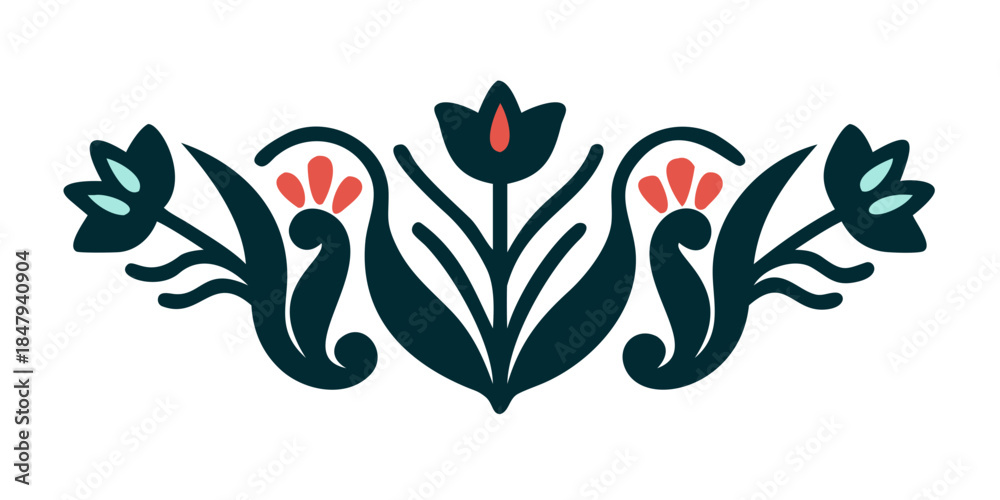 Obraz premium Tulip-style floral ornament with curved leaves in folk design
